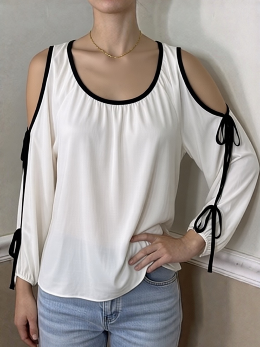 🤍 5 for $20! Women's Cream Cold-Shoulder Blouse with Black Trim